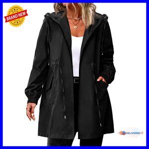 Plus Size Long Raincoat Waterproof Hooded Windbreaker Lightweight Jacket with